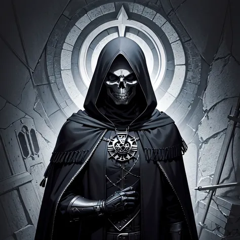 a man in a hoodedie with a skull mask and a hood, vector art by Kerembeyit, Artstation contest winner, gothic art, unreal 5. rpg portrait, dark hooded wraith, dark cloaked necromancer, portrait of the old necromancer, portrait of the necromancer, dark robe...