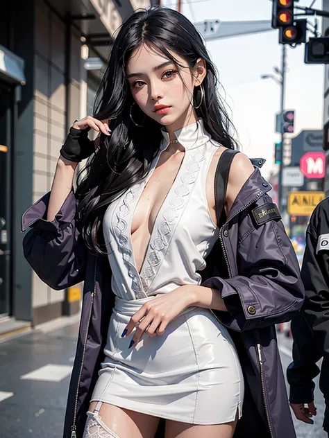 A 25-year-old girl, Long black hair draped down her back, Wearing a long purple jacket and a white vest. In her hands, She holds a half-frame, Just like posing for a photo. coat, Decorated with intricate details, It forms a sharp contrast with the simple w...