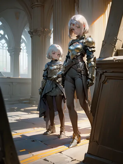 (((masterpiece))), (((best quality))), ((Extremely detailed)), (movie lighting), (illustration), (Beautiful and delicate eyes), (2 girls), whole body, space, knight, armor, Light hair, skirt, walk, ruins, (masterpiece, 2 girls A and B), best quality, expre...