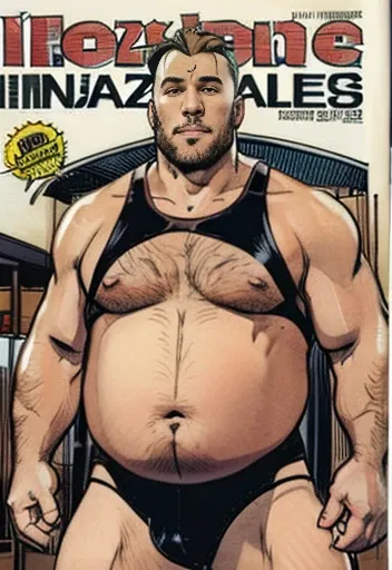 Only plump, chubby, extremely thick thighs, large belly, fat, age 50 years, muito barbudo, absurderes, hight resolution, 1male people, full body visible (wrestling Magazine covers:1.2), Yaoi(bara) , ), letras com textos escritos na lateral esquerda baixo. ...