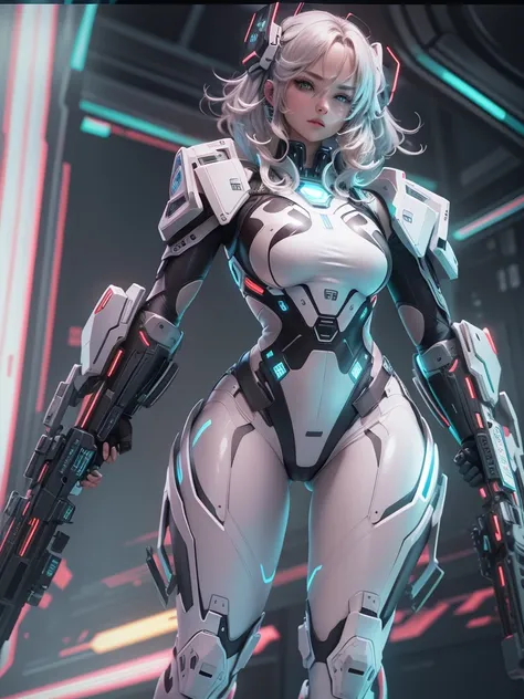 1 Girl,Future Technology服装，（White latex bodysuit：1.3），Glowing array lights on clothes，Soft Light，Mechanical belt，Future Technology，Future Technology发束，Android，Super Soldier，Dynamic poses，shooting，Holographic screen background，Super stunning graphics，ultra ...