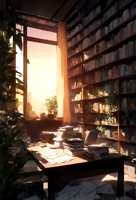 library, sunset, interior, books, office, stacks of paper, cartoon, 4k, high resolution, best quality, masterpiece, perfect colors, perfect shadows, plants, perfect lighting, posted on e621, (by Chunie, by Einshelm), ((Bonifasko lighting))
