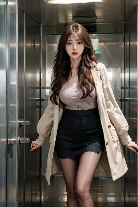 Heavy makeup，Transparent flesh-colored pantyhose，8K，By Bangs，Wavy Hair，stilettos，Long legs，in the elevator，Hip-covering skirt，Short sleeve，coat