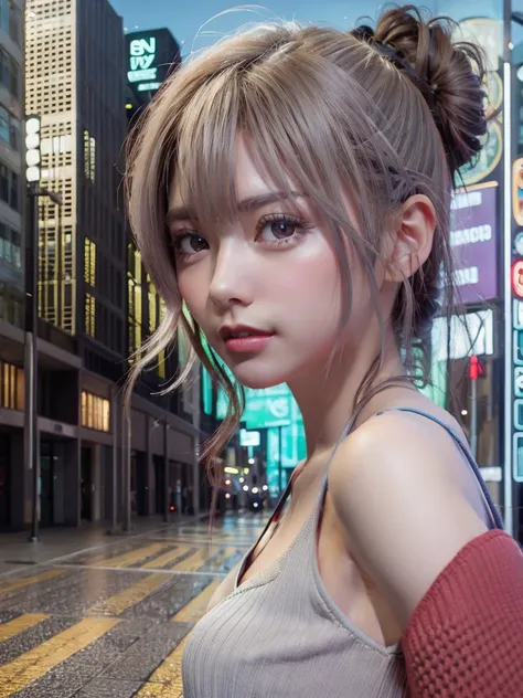 (8K, Reality, RAW photos, Top quality: 1.4), (1 Girl), Super beautiful, (Realistic face), (Childish, Short silver berry hair), Beautiful cyberpunk set, Staring at the audience, Beautiful expression, Beautiful breasts, (Realistic skin), beautiful smile, (So...