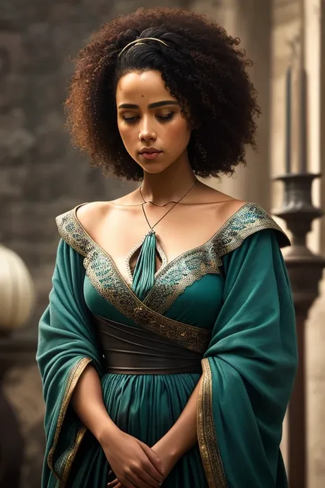 portrait photo of scantily clad missanxx a black woman with short afro hair, wearing a teal gown in a royal palace in game of th...