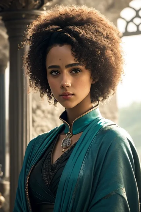 portrait photo of scantily clad missanxx a black woman with short afro hair, wearing a teal gown in a royal palace in game of th...