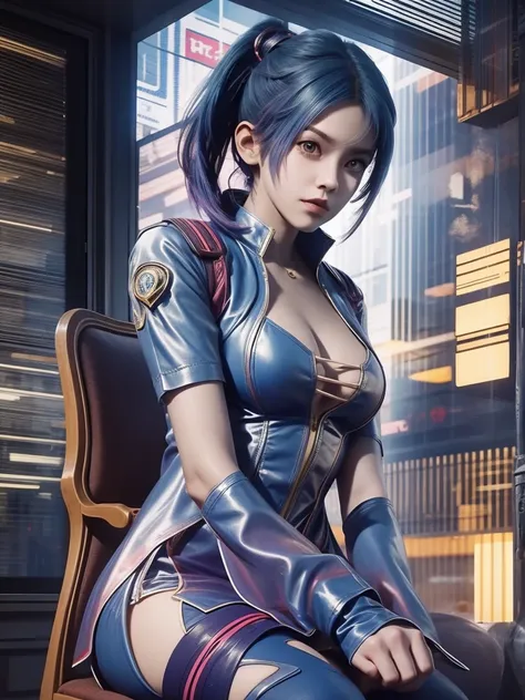 there is a woman sitting on a chair, cyberpunk anime girl, female cyberpunk anime girl, cyber school girl, cyberpunk 2000. model...