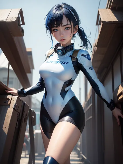 (masterpiece, best quality, Maximum resolution, clearly_image, details): (Solitary,  girl, face is Japan person, shortcut, Blue hair girl, Full body picture, (Perfect body: 1.4), Shining blue eyes, white and blue, Black pilot suit, Tight clothing, Clothing...