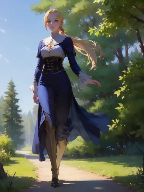 fantasy, 1 woman, Emily, 18 year old woman, mature and confident demeanor, full body illustration, long blond hair tied in a ponytail, hair comes down to her mid-back, crystal blue eyes, high detail, wearing a medieval renaissance style attire that is mode...