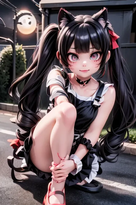 a yandere girl, crazy eyes, face (scar), constricted pupils, crazy face, (red smokey eyes make_up), pigtails, hairbows, footwear pumps, choke, wrist bands, holding a cane, school backyard at night, night scene, moon at background