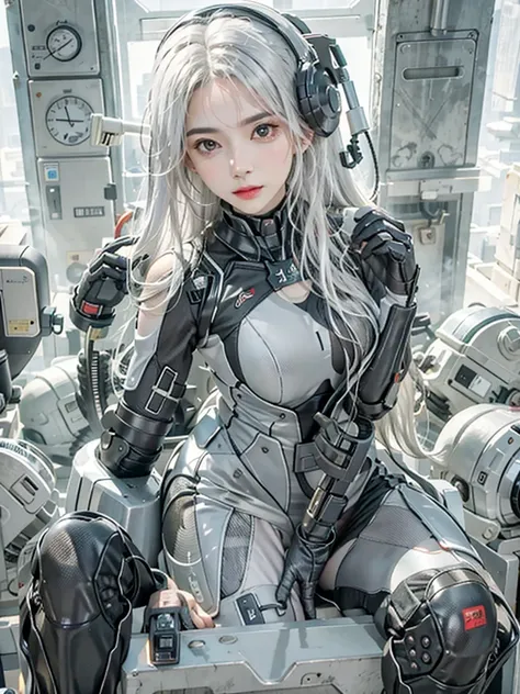 Reality, high resolution, 1 female, Solitary, Hip lift, Look at the audience, (Delicate face), white hair, long hair, fall out, Chinese stealth suit