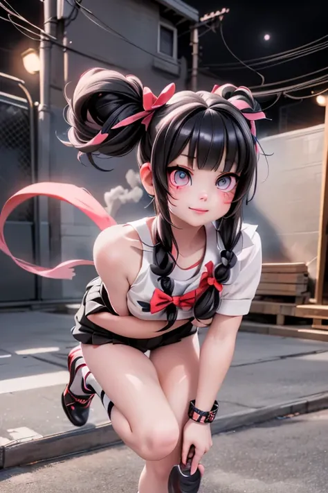 a yandere girl, crazy eyes, face (scar), constricted pupils, crazy face, (red smokey eyes make_up), pigtails, hairbows, footwear pumps, choke, wrist bands, holding a (baseball_bat), school backyard at night, night scene, moon at background