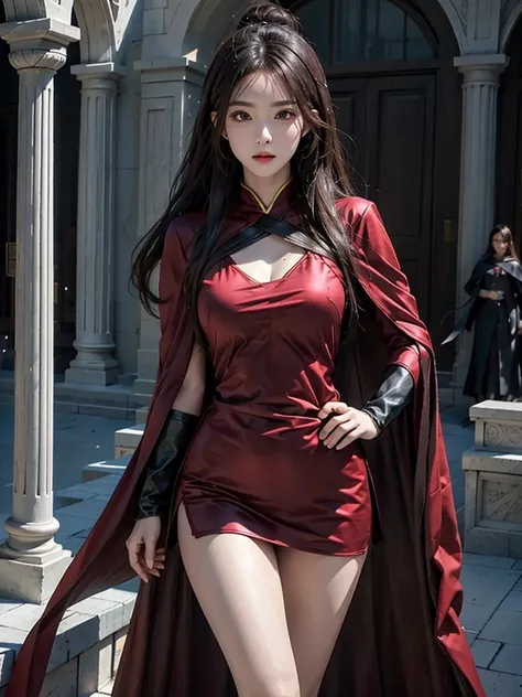 Reality, high resolution, 1 female, Solitary, Hip lift, Look at the audience, (Delicate face), Superhero costumes, cloak