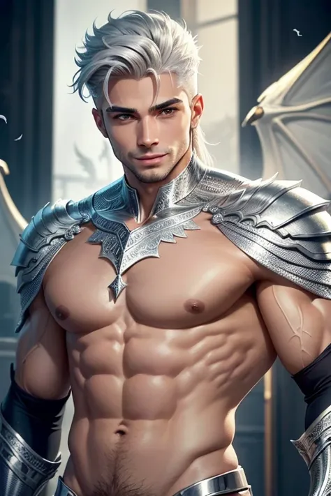 Homem jovem, alto, cabelos loiros bem claros e compridos, Fluttering; olhos azuis e amendoados; corpo perfeito, esbelto, with defined muscles; silver dragon scales discreetly appearing on the body; sorriso sedutor.