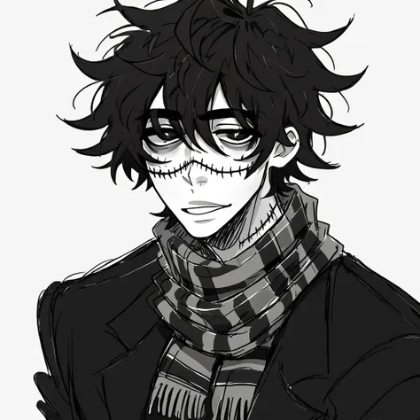 1man,mature male,  stitches, scarf,  coat, halfbody, grunge, sketchy lines, messy hair, black pupils, black hair, greyscale