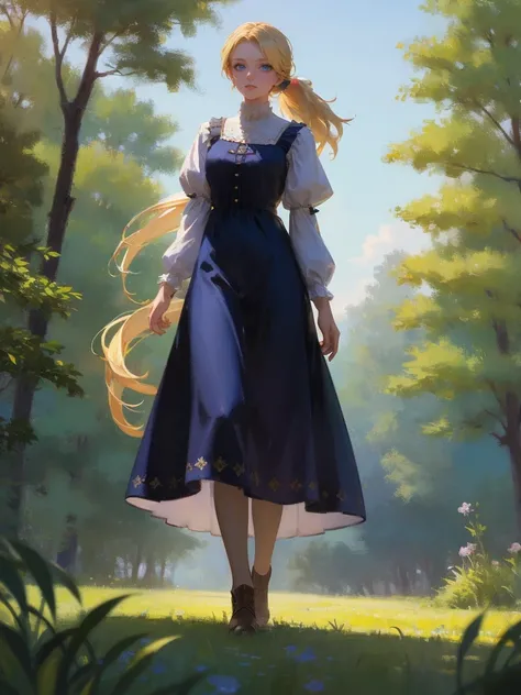 fantasy, 1 woman, Emily, 18 year old woman, farm girl, commoner, mature and confident demeanor, full body illustration, long blond hair tied in a ponytail, hair comes down to her mid-back, crystal blue eyes, high detail, wearing medieval renaissance style ...