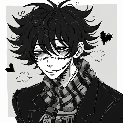 1man,mature male,  stitches, scarf,  coat, halfbody, grunge, sketchy lines, messy hair, black pupils, black hair, greyscale, hea...