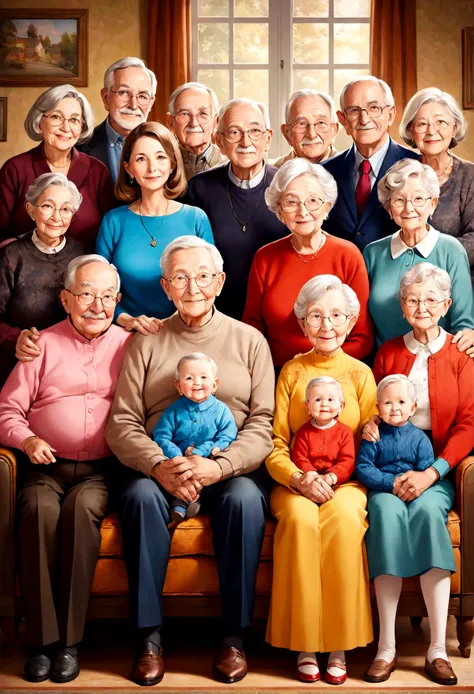 artistic style, a big family including the grandparents, colorfull, family photo