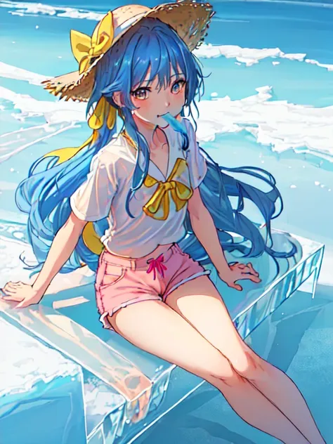 (((top-quality, ultra res, 8K, Ultra-detailed digital anime art))), solo, One girl, Very cute, Moe Anime Style, (Little Girl:1.5), Clear face depiction, (saturated blue hair:1.2), (Straight long hair:1.2), (Long straight sideburns:1.1), Parted bangs, (Yell...