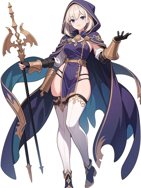 (((Best Quality))) , ((full body)), female, reference sheet, solo, (white background), holding staff, gauntlets, thigh high, loin cloth only, cloak,
