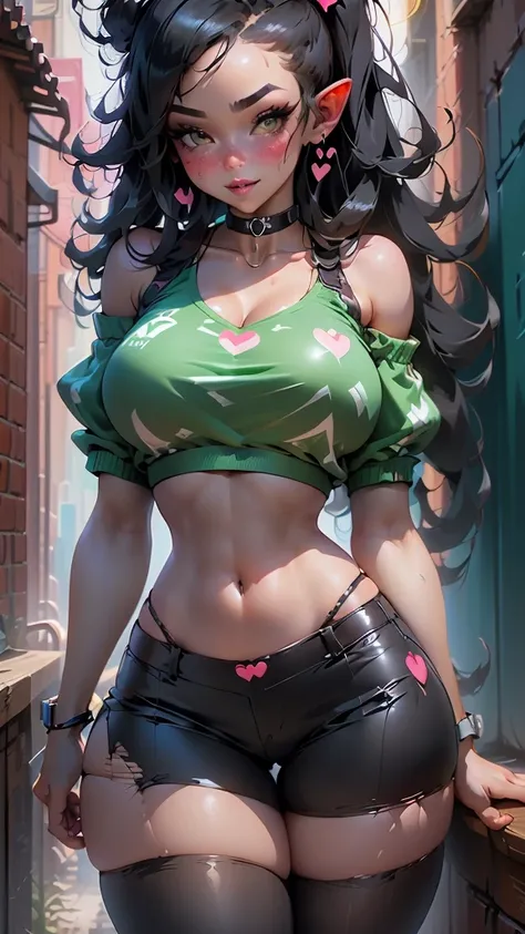 1girl, solo, Elf, (black hair:1.4), (dreadlocks), (green eyes), narrow shoulders, , shortstack, (blush:1.6), freckles, (wide hips), (thick thighs), (slim waist), (midriff), (parted lips), (seductive smile), (heart choker:1.4), (crop top), (short shorts), (...