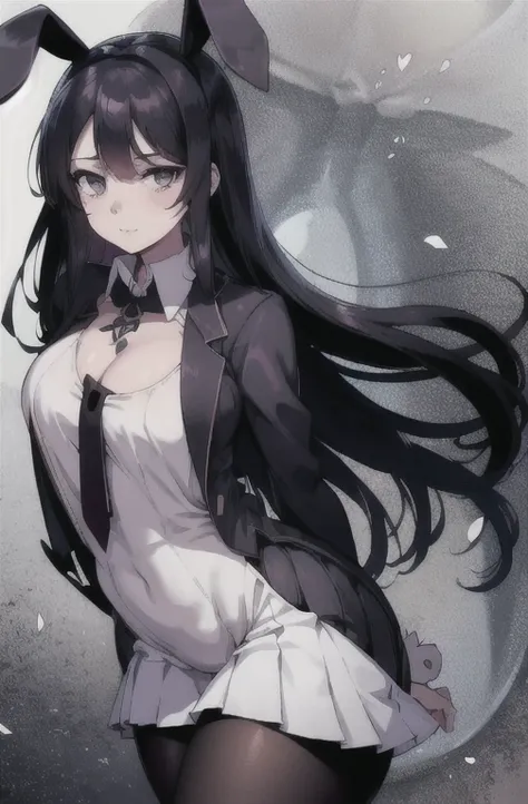 , White shirt, Pantyhose, Pleated Skirt, tie, Rabbit ears, Mayjan, Lean over, Behind the arm, A faint smile, ((Large Breasts)))Breast sagging、Low-cut(((Cleavage )))、(((Wide hips,)))(((Hourglass figure)))((Long legs)), best quality