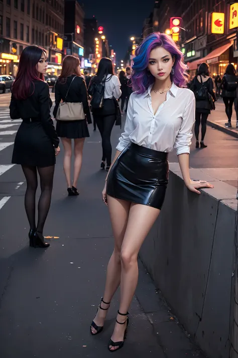 (Masterpiece, best quality, rich detail, realism: 1.3),full body, detailed face,makeup,((3girl)),colored hair, random hairstyle,flirting with camera,she is taking pose like a model,sexy and very short skirt,porte jaretelle, on street, NEW YORK CITY,((the n...