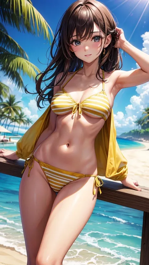 sksbrooke person, sksbrooke, (masterpiece:1.2), (best quality:1.2), perfect eyes, perfect face, 1girl, solo, brown eyes, (medium breasts), perky breasts, yellow stripe bandeau top and Brazilian bottom bikini set, beach background 