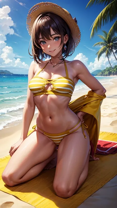 sksbrooke person, sksbrooke, (masterpiece:1.2), (best quality:1.2), perfect eyes, perfect face, 1girl, solo, brown eyes, (medium breasts), perky breasts, yellow stripe bandeau top and Brazilian bottom, beach background, smiling, kneeling 