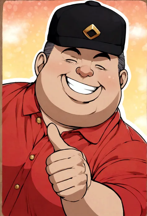 
fat man in red shirt and black cap smiling doing thumbs up sign style cartoon