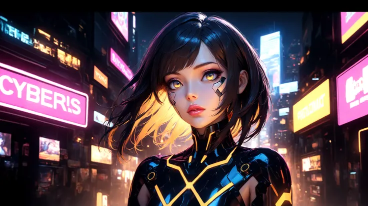 cyberpunk girl, 1girl, beautiful detailed eyes, beautiful detailed lips, extremely detailed face and eyes, long eyelashes, intricate cybernetic implants, glowing neon cyberpunk cityscape, neon lights, moody lighting, dramatic shadows, cinematic composition...