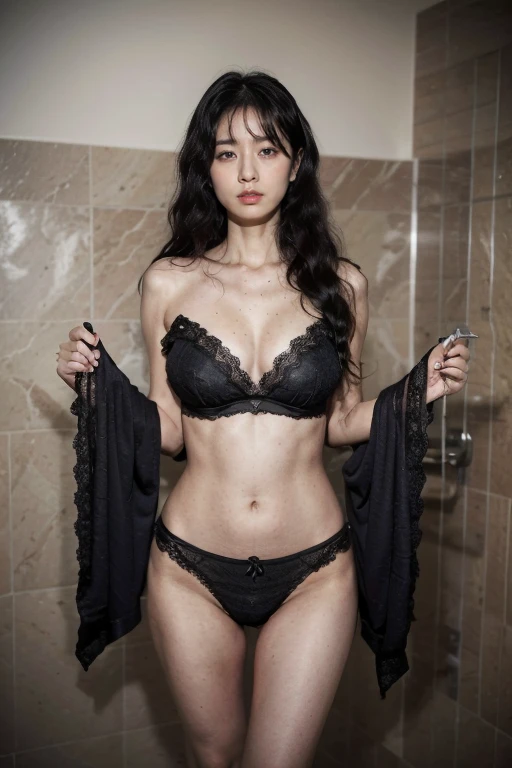 A middle-aged woman standing in the shower, Has black wavy hair, (Complex nightgown、Lace、stripe、badge）, Full figure, Long legs，Exquisite facial features, Lifelike image quality, An Asian woman, Age about 40 years, Surrealism