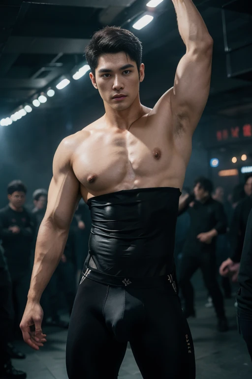 Body Su 1t, photore (Korean male) wearing bodysuit, huge muscle，See-through, Underground nightclub, Dancing, Facial hair, Realistic, Masterpiece, Intricate details, Detailed background, Depth of field,（（（The crotch is raised）））