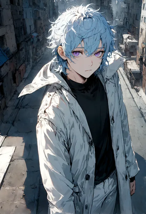 1male, light blue hair, short scruffed messy hair, light purple eyes, white short coat, black undershirt, white jeans, expressionless, city background, standing on path, detailed face, detailed background