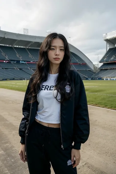 A mature woman standing in a huge stadium, Has black wavy hair, Wear tracksuit, Full figure, Long legs，Exquisite facial features, Lifelike image quality, An Asian woman, Age about 40 years, Surrealism