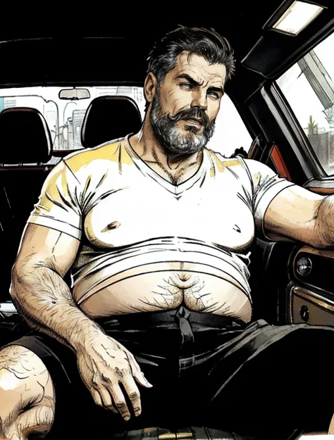 He is a truck driver he is sitting in the car seat with the door open wearing only red or white or yellow swim trunks he is caressing himself with his hands down touching his crotch he is very sweaty feeling very horny and pleasure, masturbation in the car...