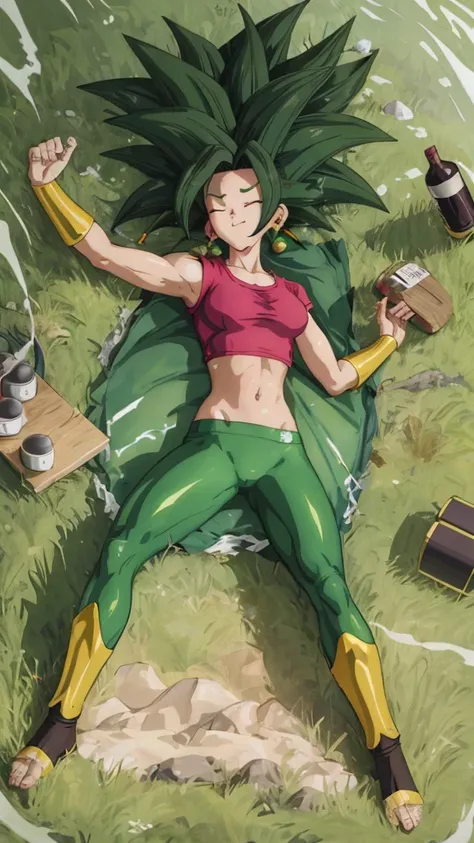 Kefla, Teenager, 16 years old Green Hair, Green Earrings, Wine Yoga Pants, crop top wine, Eyes Closed, unconscious , body Lying in the floor ,Decubitus Supine, Open Legs Separated , Open Arms , front to front,