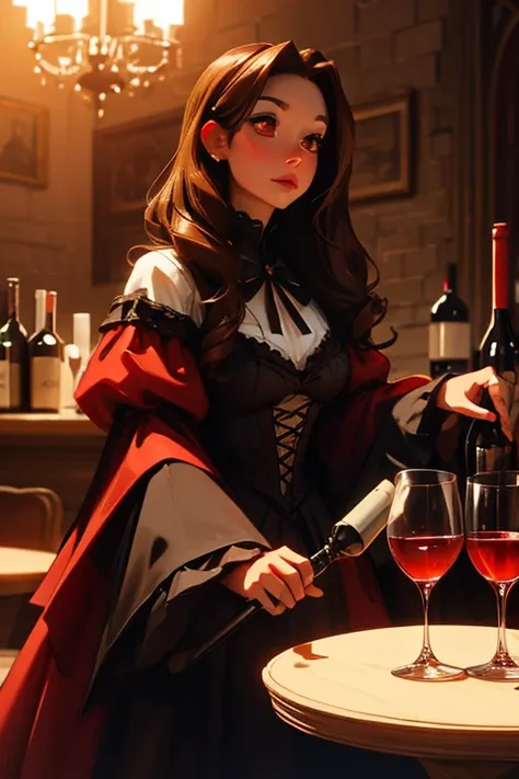 A brown haired woman with red eyes and an hourglass figure in a gothic lolita dress is drinking a glass of wine in  castle