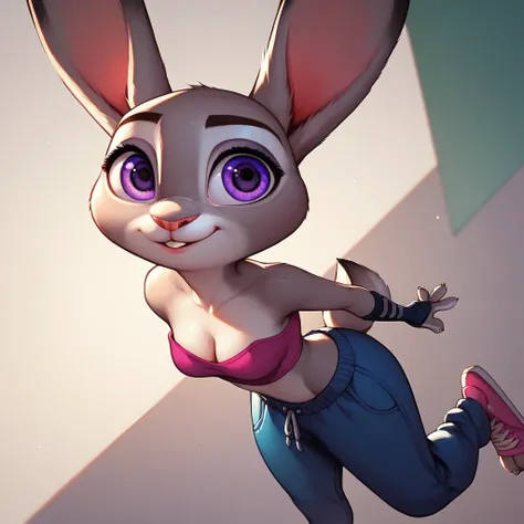 score_9, score_8_up, score_7_up, Judy Hopps, 1girl, purple eyes, solo, strapless crop top, cleavage, baggy pants, jewellery, high-top sneakers, 1girl, solo, close up