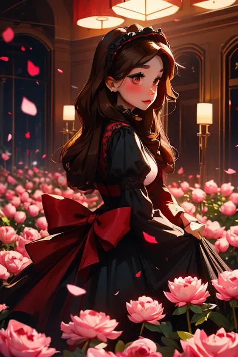 A brown haired woman with red eyes and an hourglass figure in a gothic lolita dress is blushing in a flurry of peony petals