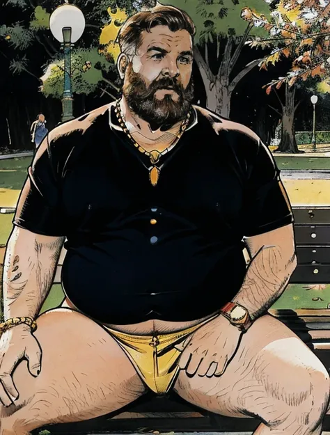 He is sitting with his legs open and resting one arm on the park bench., He is a chubby man, with extremely thick thighs, a large belly, fat, 50 years old, bearded, with a huge beard, wearing an open, unbuttoned plaid t-shirt, usando apenas sunga branca me...