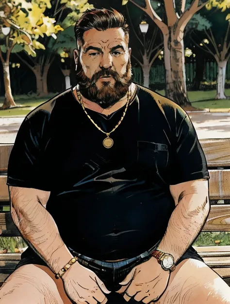 He is sitting with his legs open and resting one arm on the park bench., He is a chubby man, with extremely thick thighs, a large belly, fat, 50 years old, bearded, with a huge beard, wearing an open, unbuttoned plaid t-shirt, usando apenas sunga branca me...