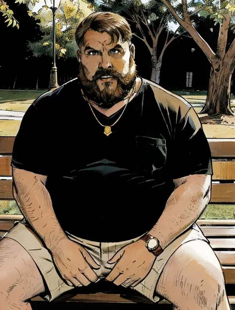 he is sitting with his legs open and resting one arm on the park bench., he is a chubby man, with extremely thick thighs, a larg...