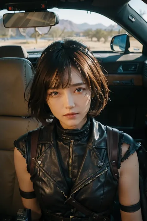 girl, Bobcut, Leather Fashion, Purple and black bondage, 
Mad Max風の衣装コスプレ 10代のgirl, cute, Bobcut, 
Leather Fashion, Purple and black bondage, desert, Brown Hair, slender, 
Dry Moorland, sunshine, Outdoor, オーストラリアのdesert, desert, 
Dirty and worn-out modifie...