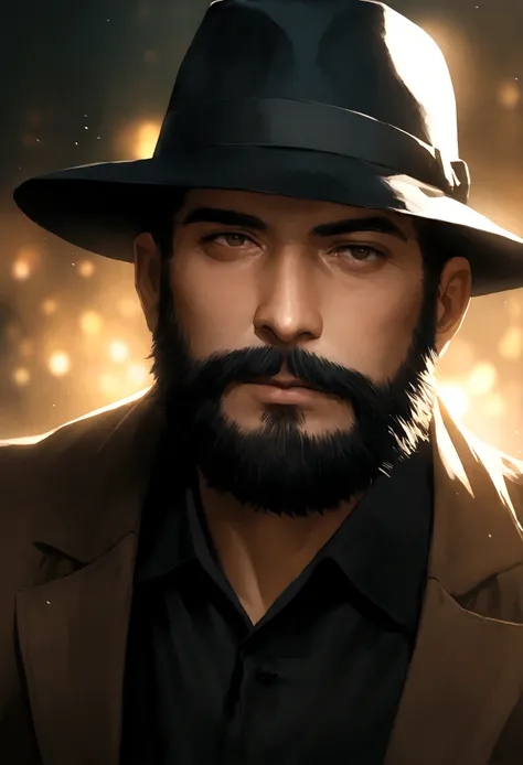 Realistic high image quality、30s man、bearded、wearing a fedora hat, black clothes, Facing the camera