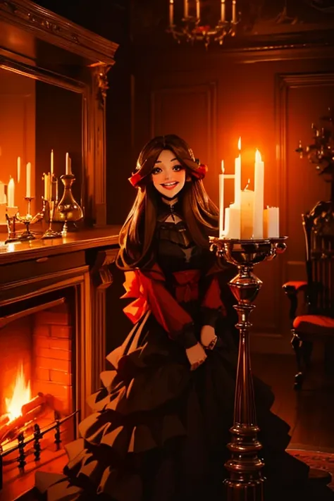 A brown haired woman with red eyes and an hourglass figure in a gothic lolita dress is smiling by a  roaring fireplace