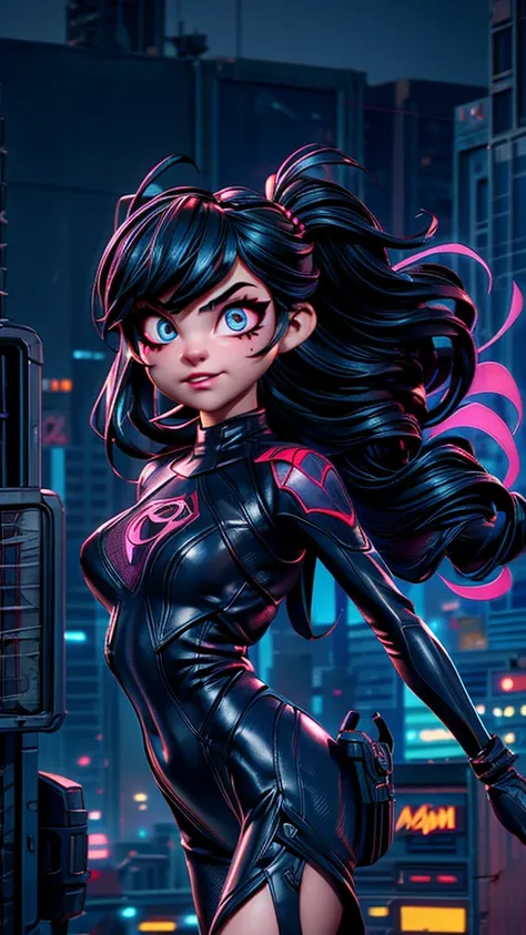 a female superhero with spider-like abilities in an urban cityscape, extremely detailed face and eyes, web-slinging action pose, dynamic motion blur, neon city lights, dark color palette, moody atmosphere, cinematic lighting, highly detailed 8k render, pho...