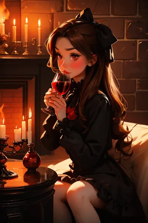 A brown haired woman with red eyes and an hourglass figure in a gothic lolita dress is drinking blood by a fireplace with a blush