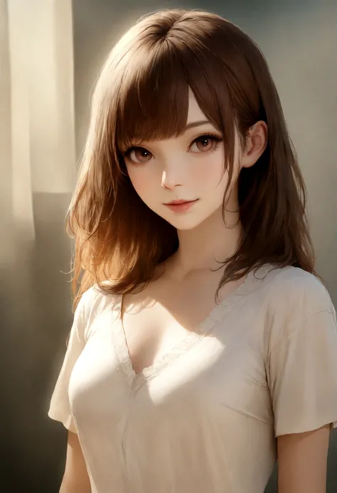 The city of Kyoto、Clear background、(( Realistic Light, highest quality, 8k, masterpiece: 1.3)), One girl, Slim Beauty: 1.4, Abdominal muscles: 1.1, (Brown Hair, Medium chest: 1.3), Casual shirts: 1.1, Super Fine Face, Delicate eyes, double eyelid, smile,