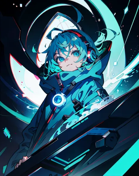 anime girl medium hair, wearing a hooded suit, sharp eyes、looking down from above、grinning face、 blue hair,  overall shot in neo...